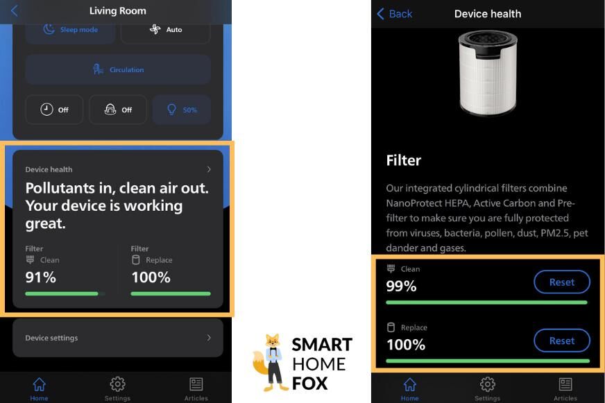 Срок службы фильтра Philips Air Performer Series 7000 (AMF765/10) отображается в приложении Air+, которое также показывает текущее состояние фильтрующего элемента.